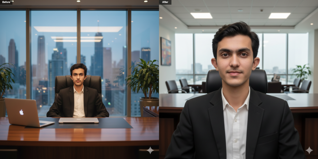 A realistic large corporate office interior in Pakistan, spacious modern office with wide wooden executive desk, natural daylight coming from large glass windows, soft balanced indoor lighting, clean professional environment, minimal decoration, real office atmosphere (not luxury cinematic), a man sitting naturally on executive chair, same real face, same real age, no face modification, no beautification filter, no skin smoothing, natural skin texture with real details, neutral normal expression with slight natural smile, wearing simple white shirt and black coat, realistic camera shot at eye level, taken from a normal DSLR camera, authentic colors, no dramatic lighting, no AI artificial glow, documentary style photography, sharp focus, natural shadows